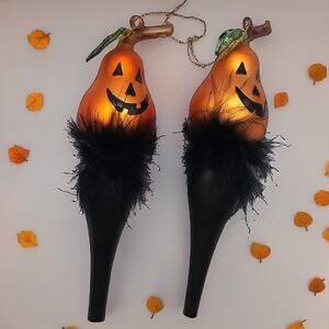 Rare Halloween Jack-o'-Lantern Glass Ornaments - Pumpkin Face & Feather Accents